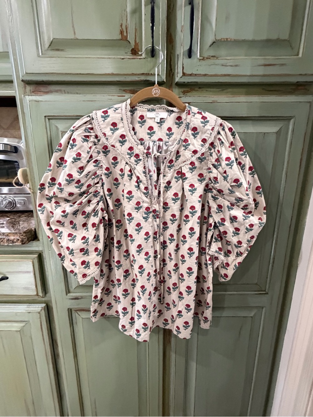entro Cream Floral Peasant Blouse with Red & Green Print